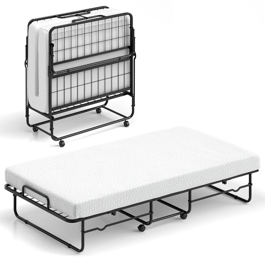 Livsk costway inklapbaar logeerbed 90 x 190 cm opklapbed met 10 cm dik schuimmatras lattenbodem van metaal vouwbed met wielen