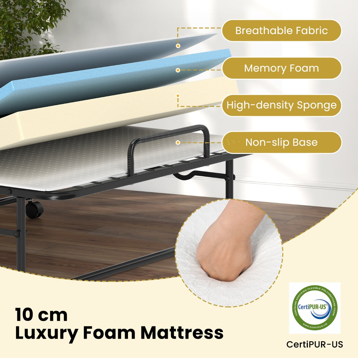 Livsk costway inklapbaar logeerbed 90 x 190 cm opklapbed met 10 cm dik schuimmatras lattenbodem van metaal vouwbed met wielen 2