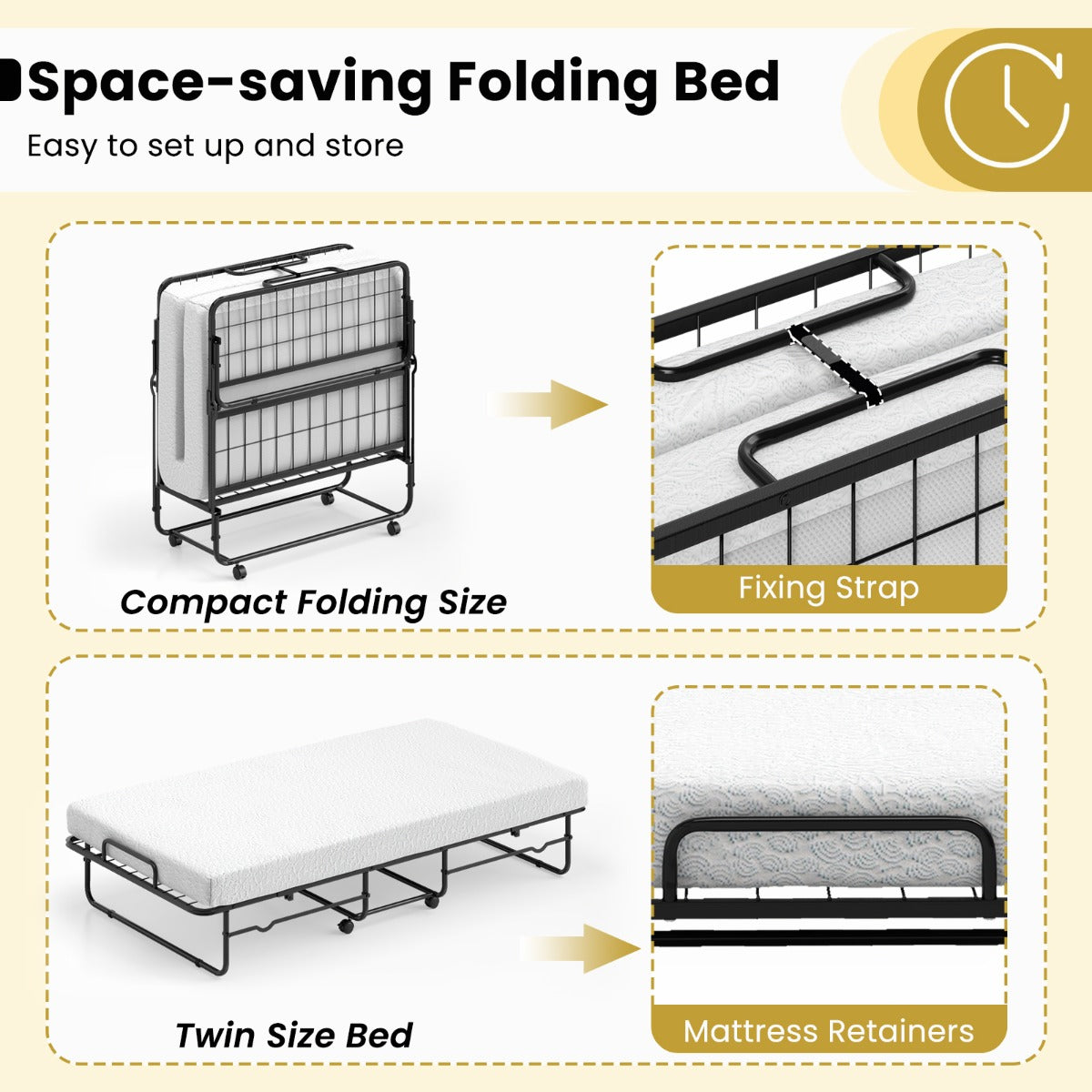 Livsk costway inklapbaar logeerbed 90 x 190 cm opklapbed met 10 cm dik schuimmatras lattenbodem van metaal vouwbed met wielen 4