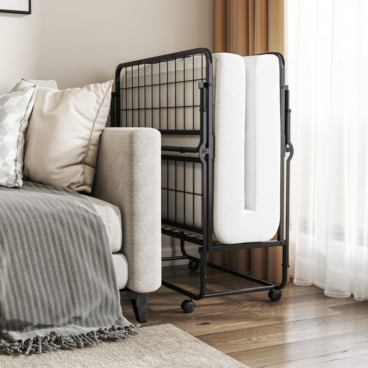 Livsk costway inklapbaar logeerbed 90 x 190 cm opklapbed met 10 cm dik schuimmatras lattenbodem van metaal vouwbed met wielen 6
