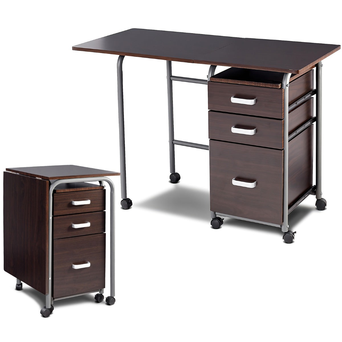 LIVSK Inklapbare Computertafel met 3 Lades en Wieltjes - Ruimtebesparend en Verplaatsbaar - Waterdicht MDF - 105 x 50 x 75 cm -