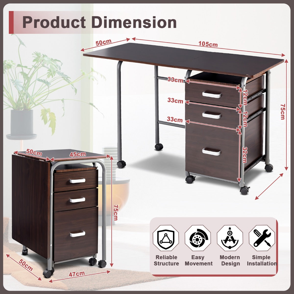 LIVSK Inklapbare Computertafel met 3 Lades en Wieltjes - Ruimtebesparend en Verplaatsbaar - Waterdicht MDF - 105 x 50 x 75 cm -