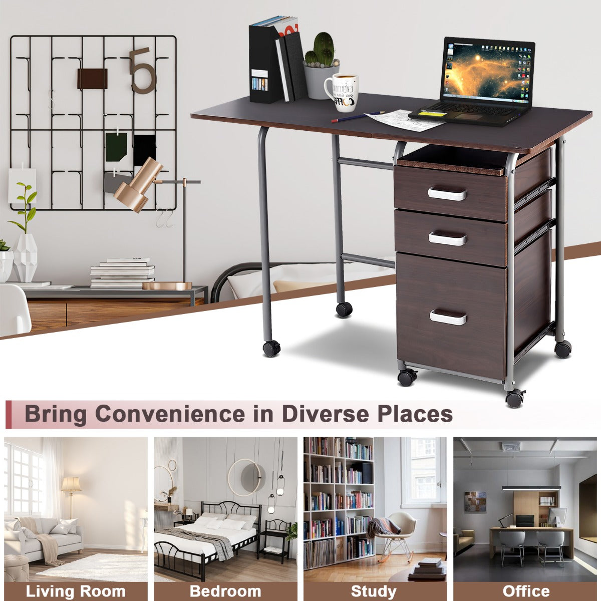 LIVSK Inklapbare Computertafel met 3 Lades en Wieltjes - Ruimtebesparend en Verplaatsbaar - Waterdicht MDF - 105 x 50 x 75 cm -