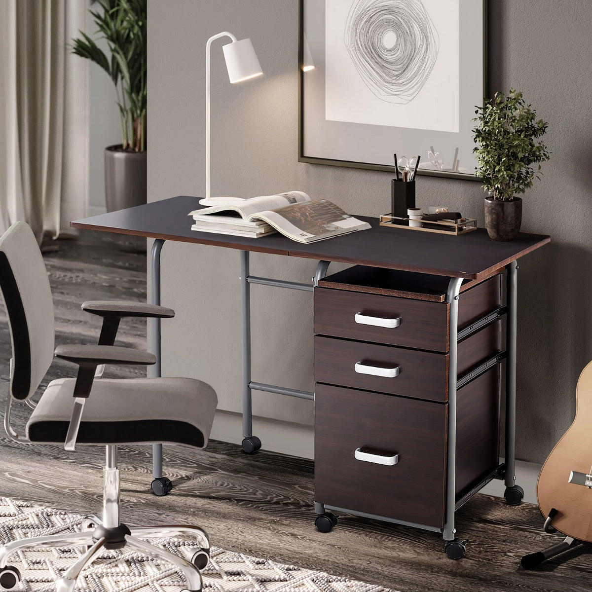 LIVSK Inklapbare Computertafel met 3 Lades en Wieltjes - Ruimtebesparend en Verplaatsbaar - Waterdicht MDF - 105 x 50 x 75 cm -