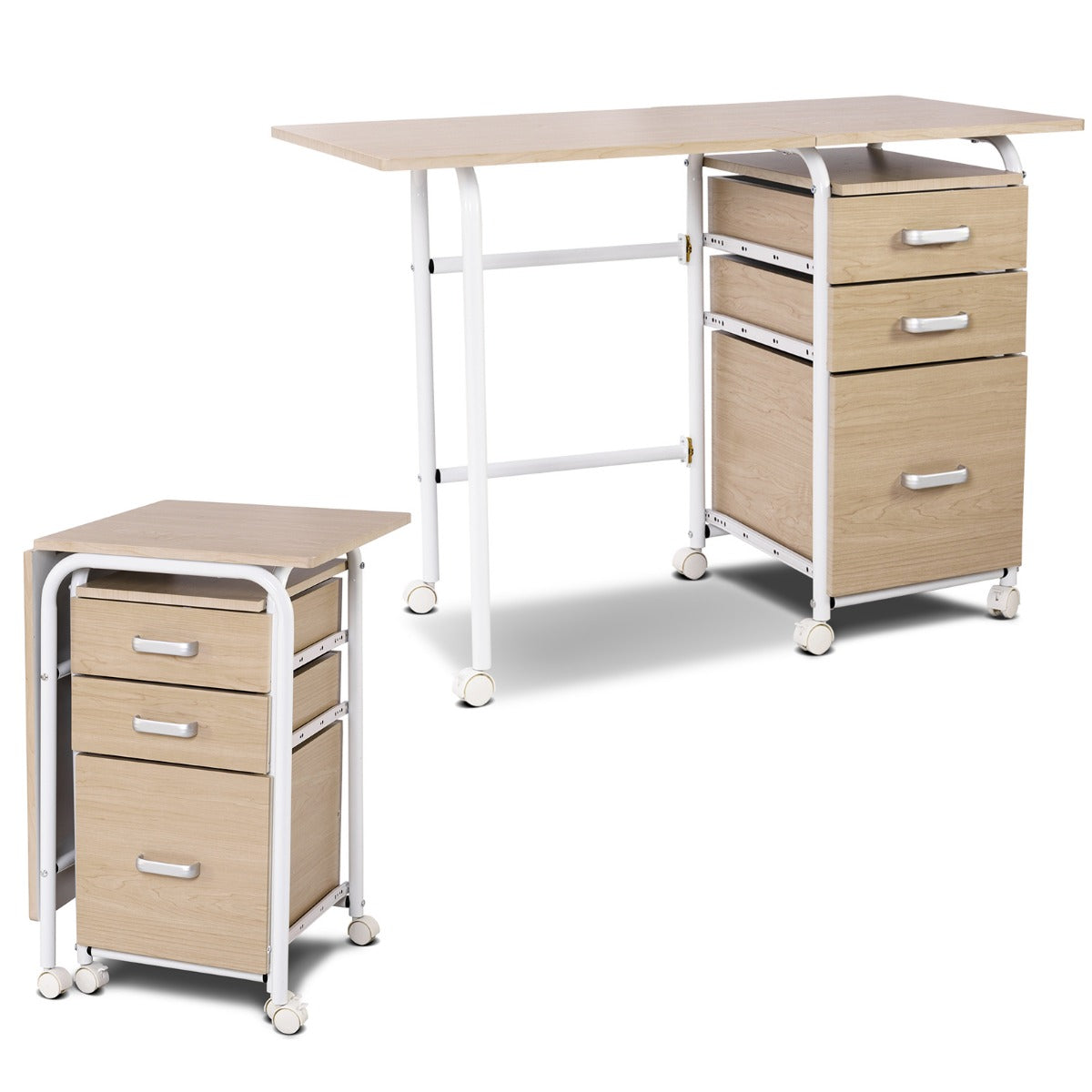 LIVSK Inklapbare Computertafel - Waterdicht MDF - 3 Lades - 6 Wielen - Ruimtebesparend - 105 x 50 x 74 cm - Naturel