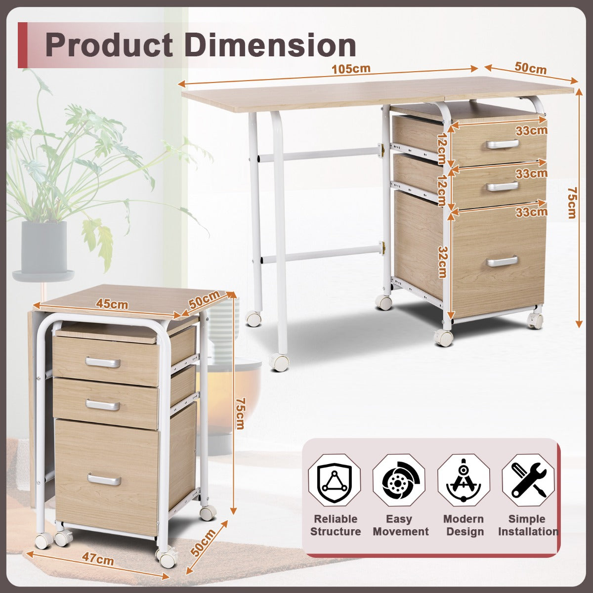 LIVSK Inklapbare Computertafel - Waterdicht MDF - 3 Lades - 6 Wielen - Ruimtebesparend - 105 x 50 x 74 cm - Naturel