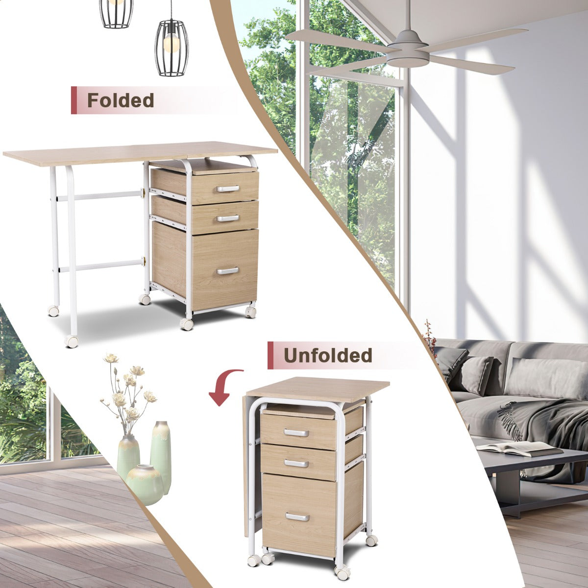 LIVSK Inklapbare Computertafel - Waterdicht MDF - 3 Lades - 6 Wielen - Ruimtebesparend - 105 x 50 x 74 cm - Naturel