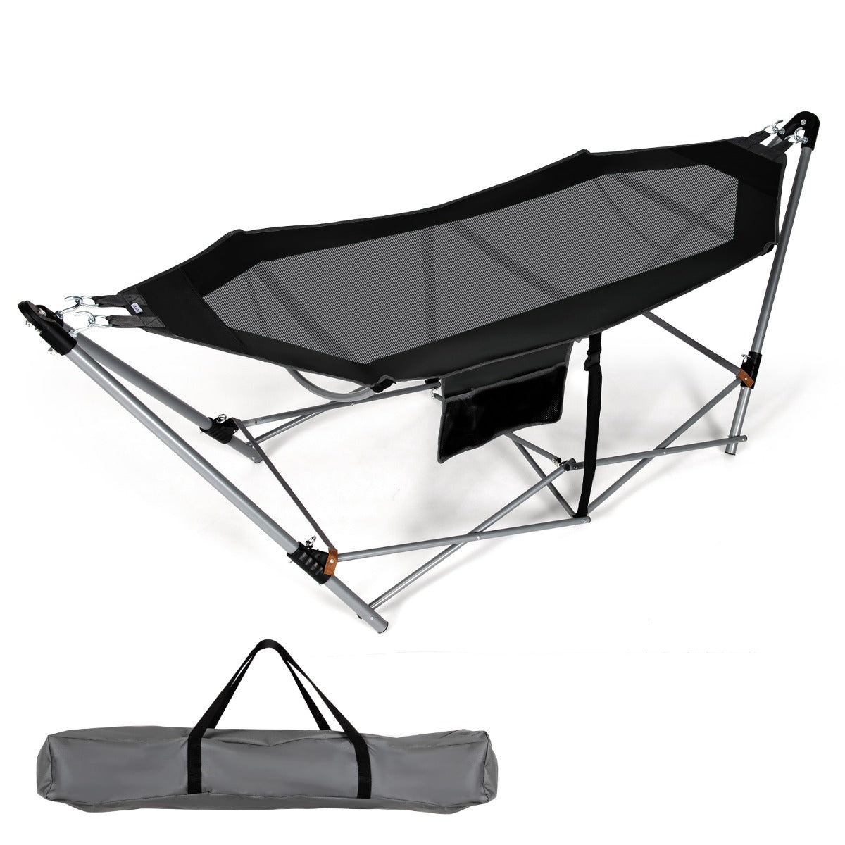 LIVSK Opvouwbare Hangmat - Duurzaam Oxford - Ademend Gaas - Zijvak - Robuust Frame tot 150 kg - Draagtas - Zwart
