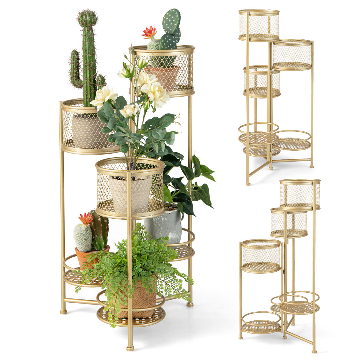 LIVSK Opvouwbare Plantenbak - 3 Plantenbakken en 3 Trays - Roestbestendig Metaal - Geen Montage - 41 x 39 x 82 cm - Goud
