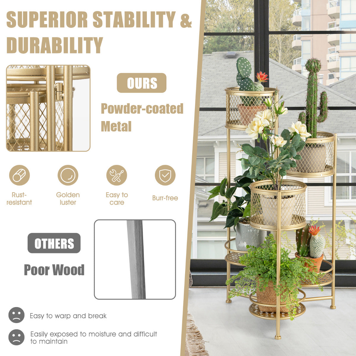LIVSK Opvouwbare Plantenbak - 3 Plantenbakken en 3 Trays - Roestbestendig Metaal - Geen Montage - 41 x 39 x 82 cm - Goud