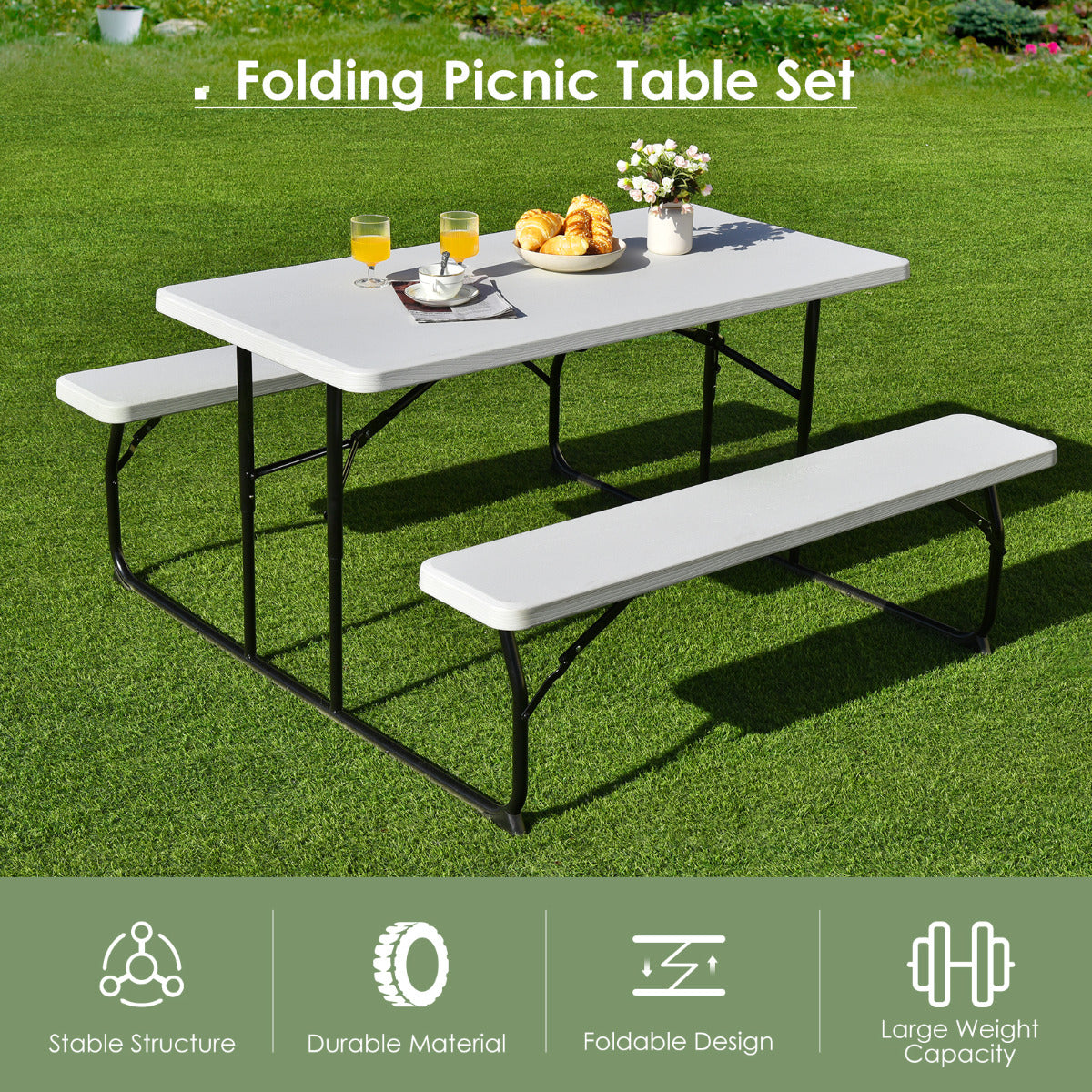 LIVSK Inklapbare Picknicktafel met Banken - Lichtgewicht en Waterdicht - Voor 4-6 Personen - Tot 150 kg - 136 x 69,5 x 44-72 cm -