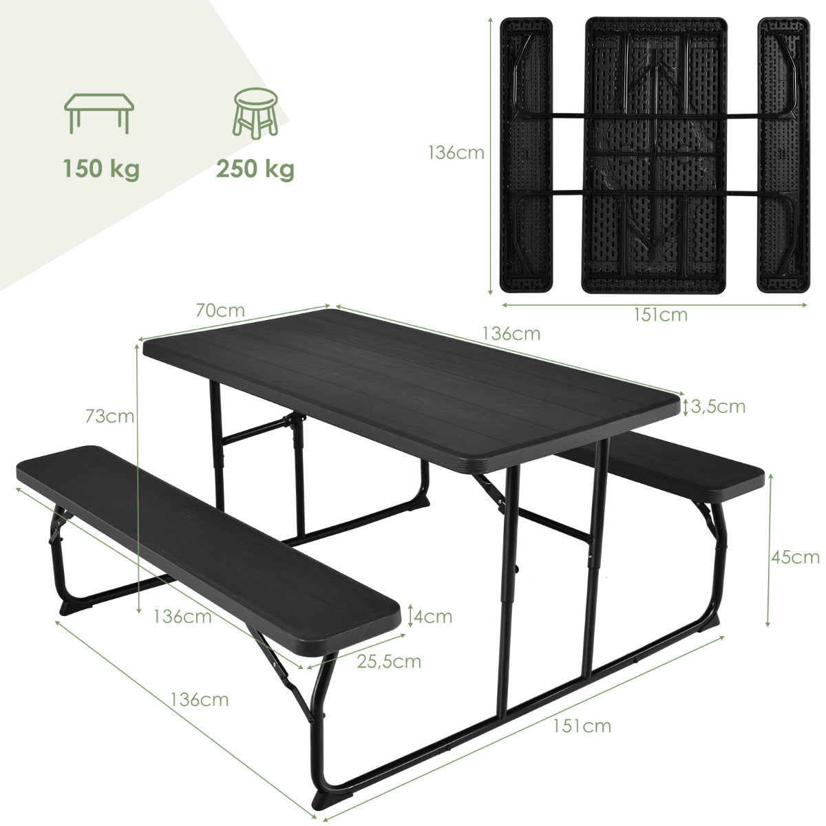 LIVSK Inklapbare Picknicktafel met Banken - Waterdicht en Weerbestendig - Voor 4-6 Personen - 136 x 70 cm - Zwart