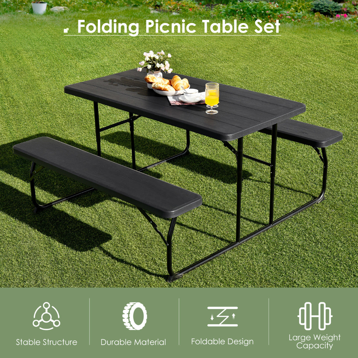 LIVSK Inklapbare Picknicktafel met Banken - Waterdicht en Weerbestendig - Voor 4-6 Personen - 136 x 70 cm - Zwart