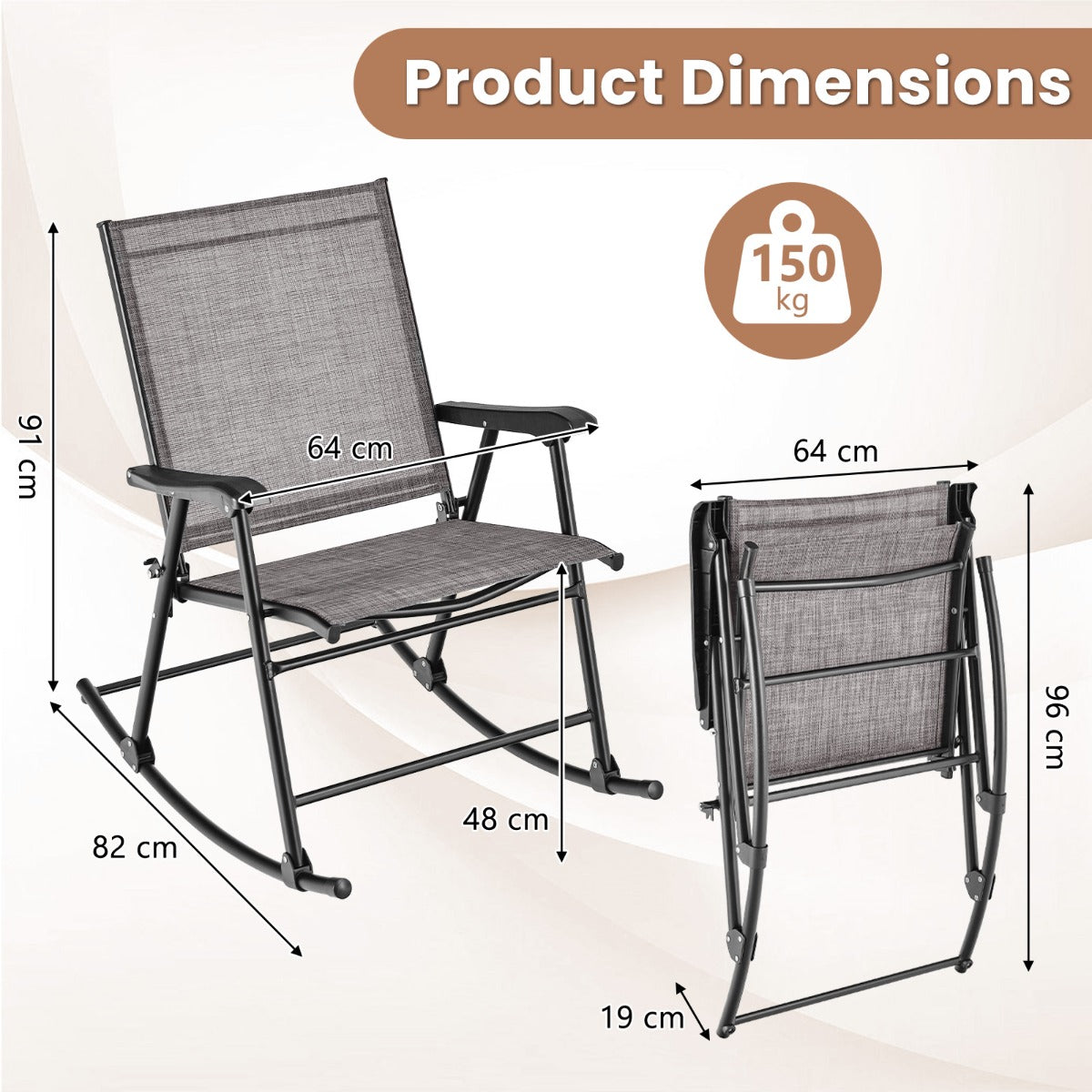 LIVSK Inklapbare Schommelstoelen Set van 2 - Ademend en Duurzaam - Robuust Metaal - Tot 150 kg - 82 x 64 x 91 cm - Zoals afgebeeld