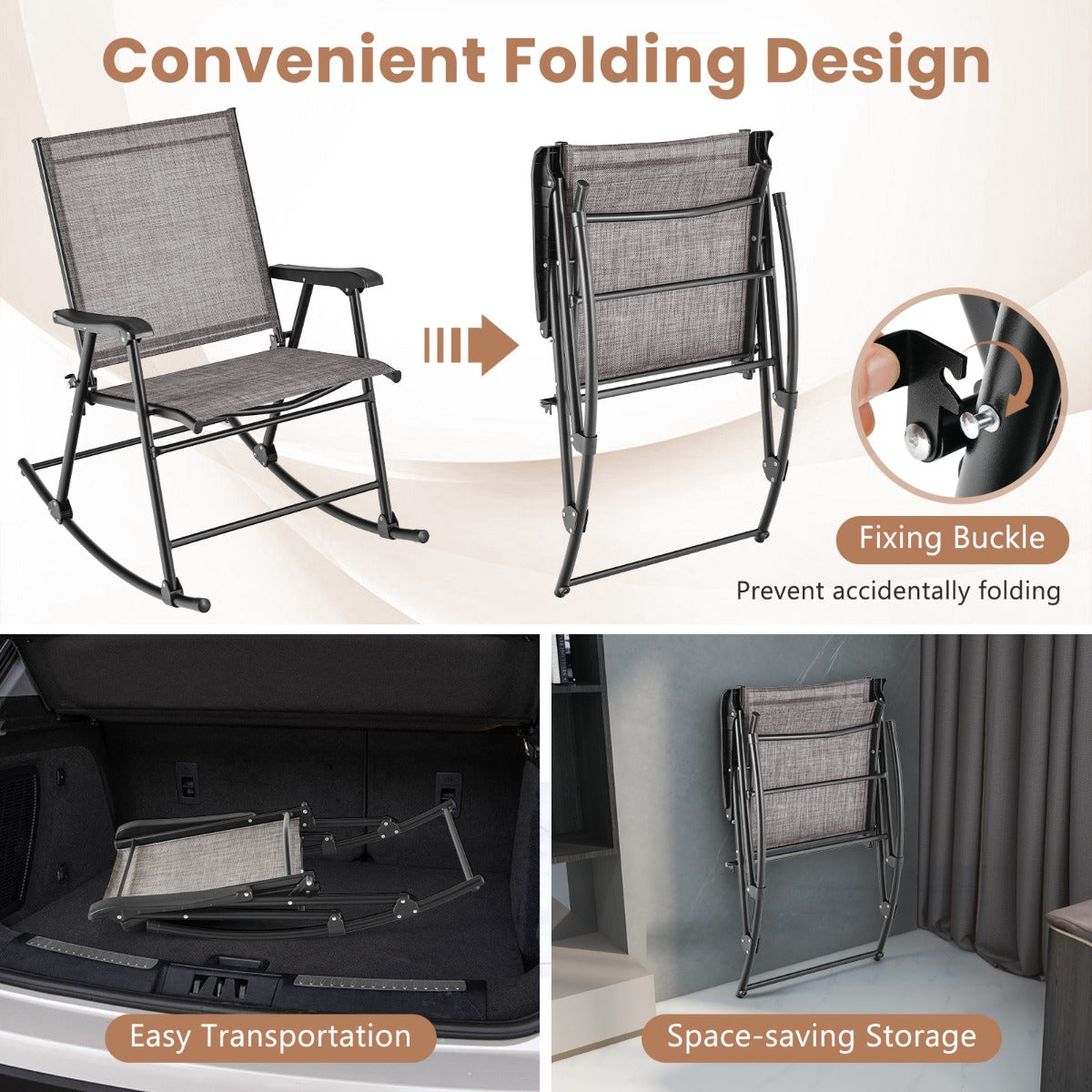 LIVSK Inklapbare Schommelstoelen Set van 2 - Ademend en Duurzaam - Robuust Metaal - Tot 150 kg - 82 x 64 x 91 cm - Zoals afgebeeld