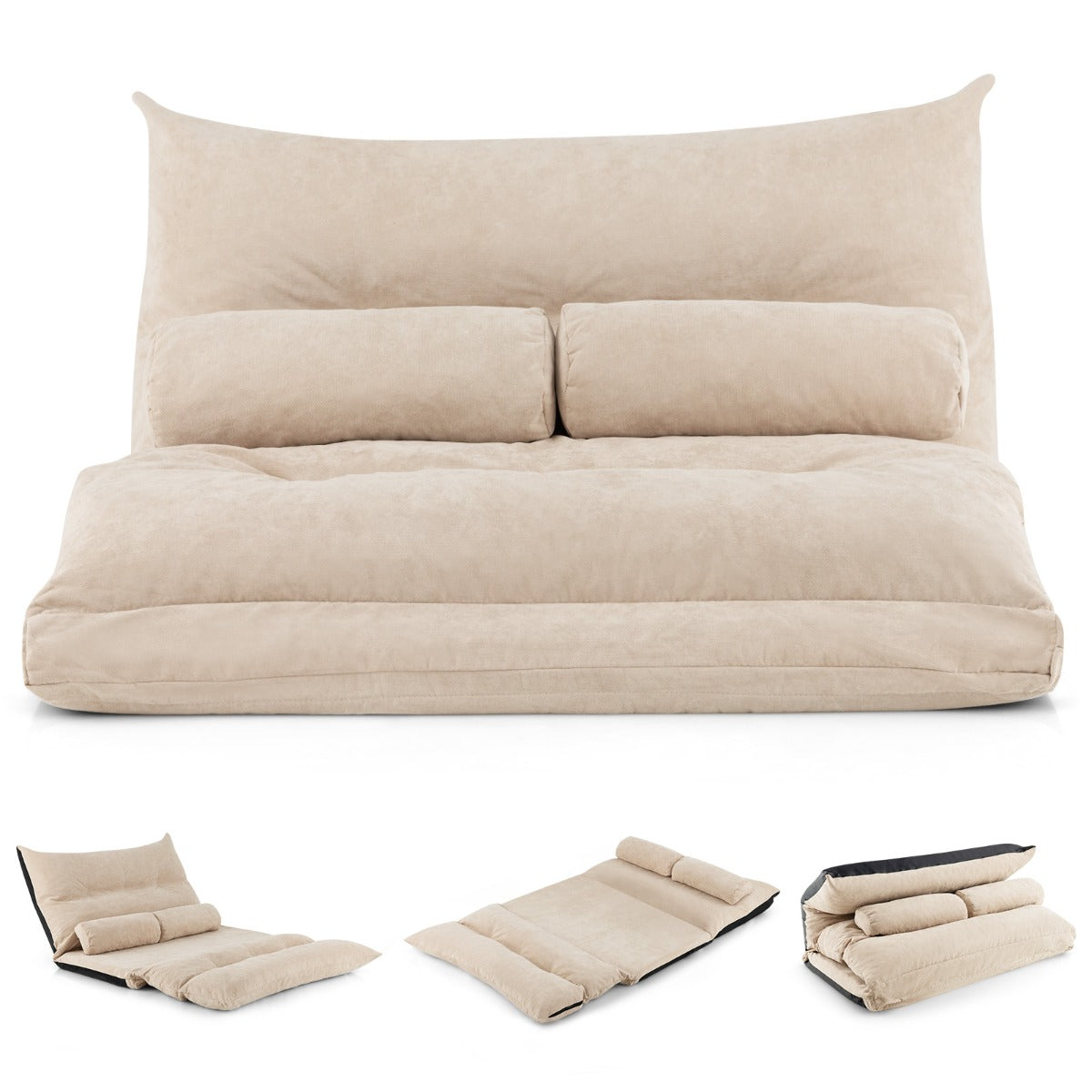 LIVSK Inklapbare Vloerbank - 42-traps Verstelbare Rugleuning - 3-in-1 Sofa, Ligstoel en Bed - Comfortabele Bekleding - Beige