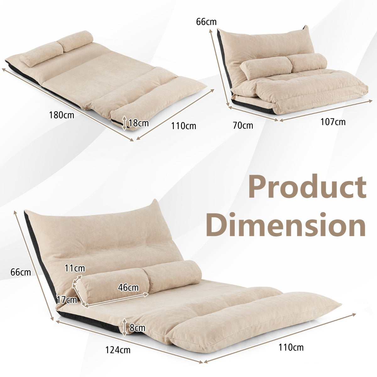 LIVSK Inklapbare Vloerbank - 42-traps Verstelbare Rugleuning - 3-in-1 Sofa, Ligstoel en Bed - Comfortabele Bekleding - Beige