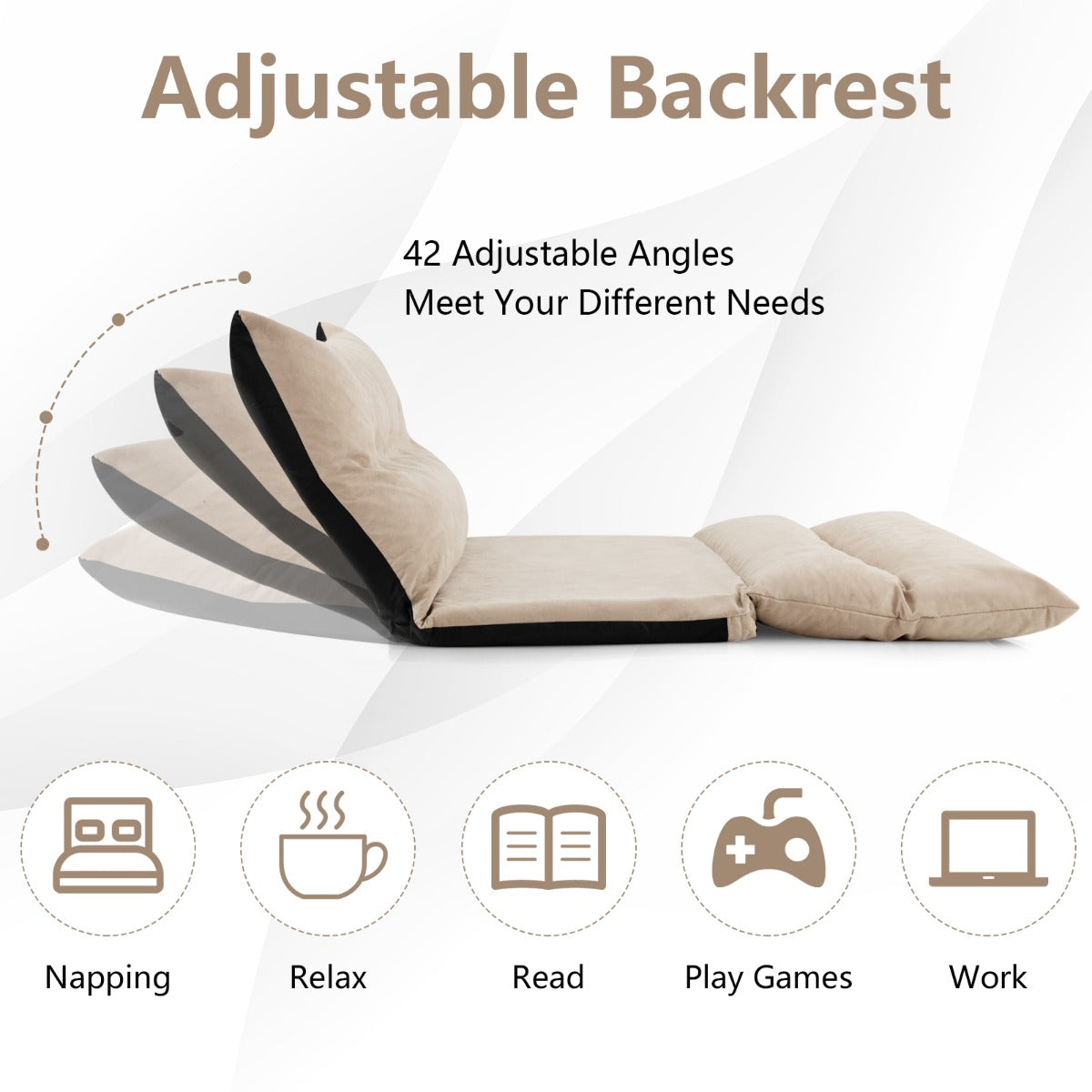 LIVSK Inklapbare Vloerbank - 42-traps Verstelbare Rugleuning - 3-in-1 Sofa, Ligstoel en Bed - Comfortabele Bekleding - Beige