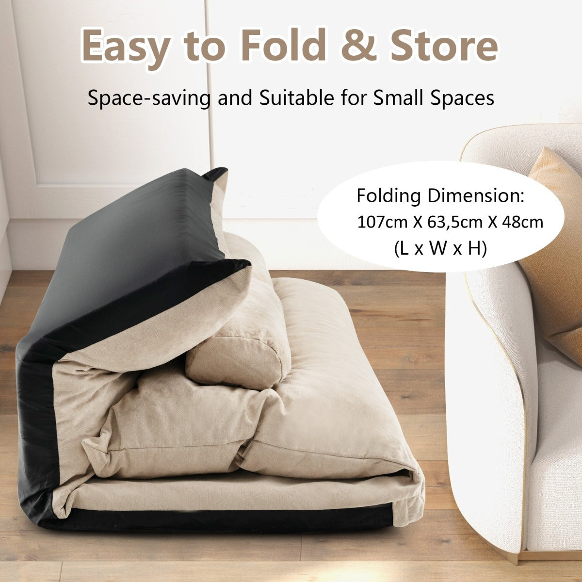 LIVSK Inklapbare Vloerbank - 42-traps Verstelbare Rugleuning - 3-in-1 Sofa, Ligstoel en Bed - Comfortabele Bekleding - Beige
