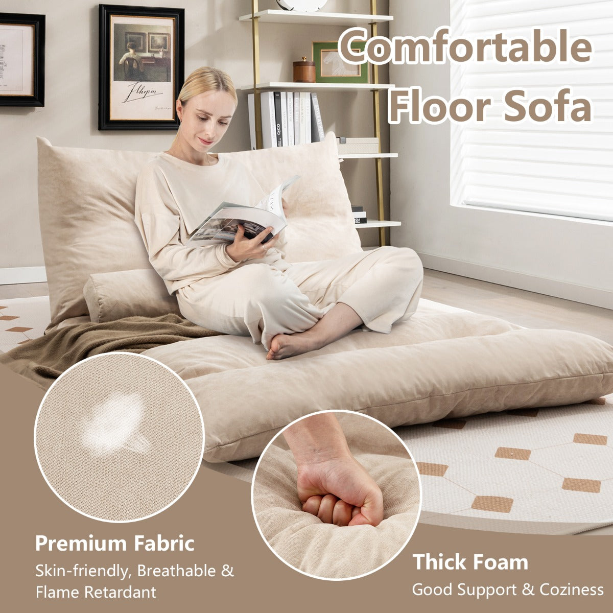LIVSK Inklapbare Vloerbank - 42-traps Verstelbare Rugleuning - 3-in-1 Sofa, Ligstoel en Bed - Comfortabele Bekleding - Beige