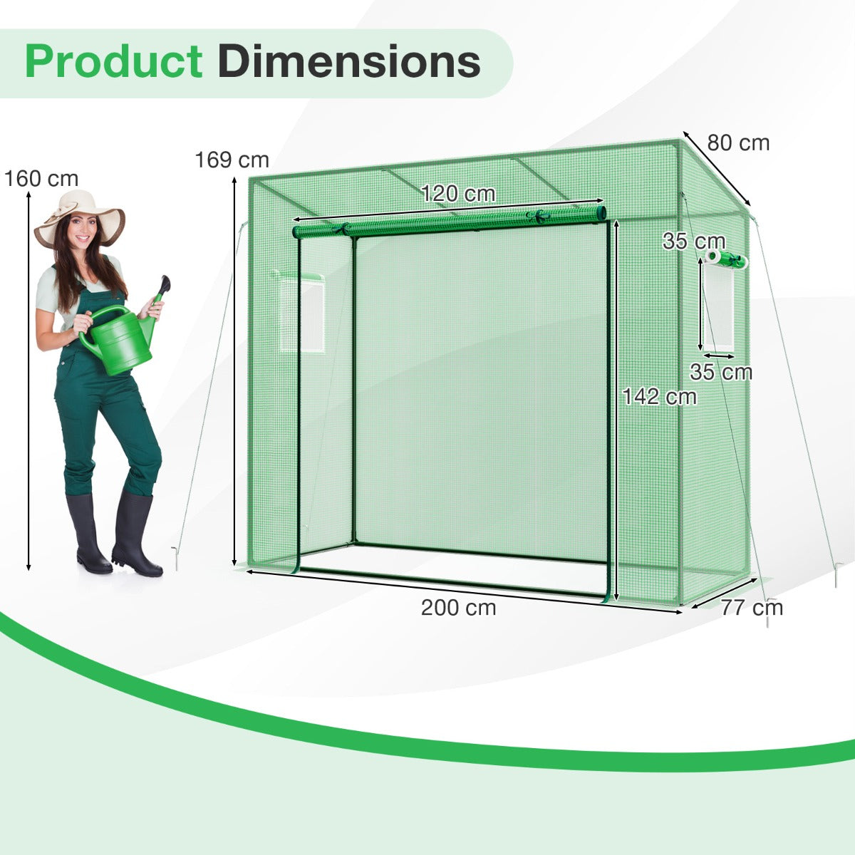 LIVSK Inloopkas - Draagbare Minikas met Oprolbare Deur - PE-Bescherming - Roestvrij Metalen Frame - 200 x 77 x 169 cm - Groen