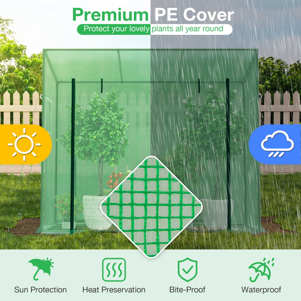 LIVSK Inloopkas - Draagbare Minikas met Oprolbare Deur - PE-Bescherming - Roestvrij Metalen Frame - 200 x 77 x 169 cm - Groen