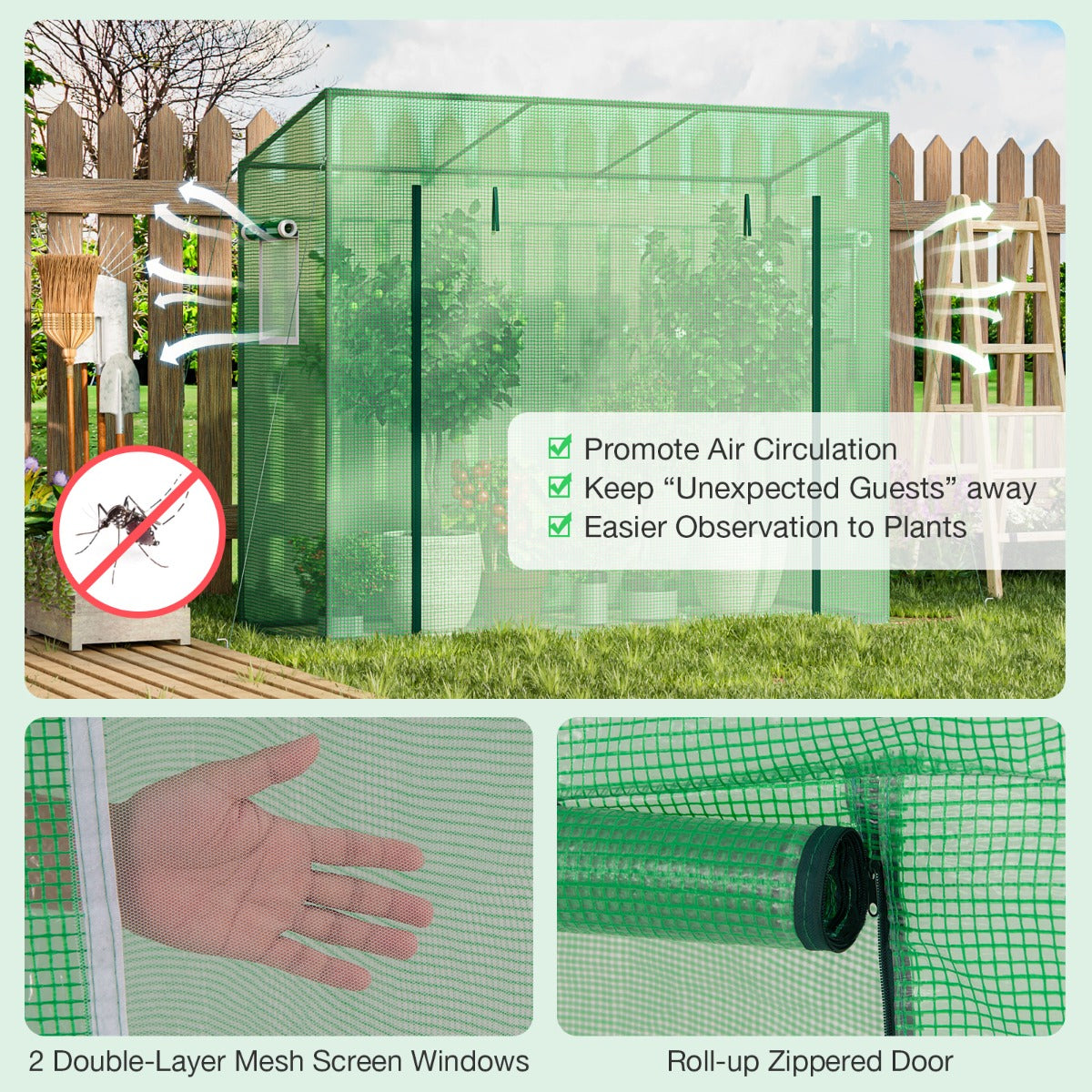 LIVSK Inloopkas - Draagbare Minikas met Oprolbare Deur - PE-Bescherming - Roestvrij Metalen Frame - 200 x 77 x 169 cm - Groen