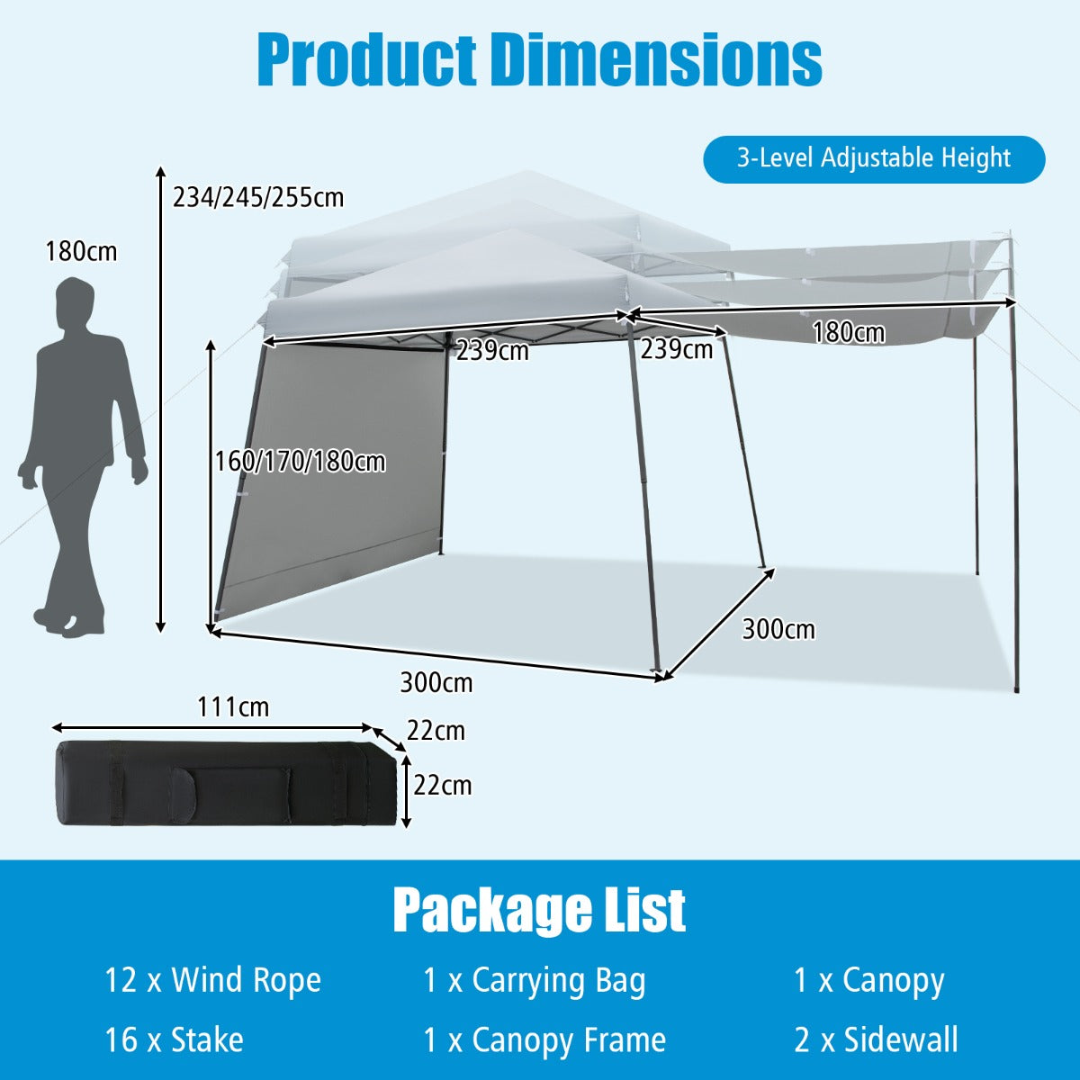 LIVSK Pop-up Luifel met Zijwanden - Groot Schaduwgebied 300 x 300 x 235-255 cm - Draagbaar en Waterdicht - Grijs