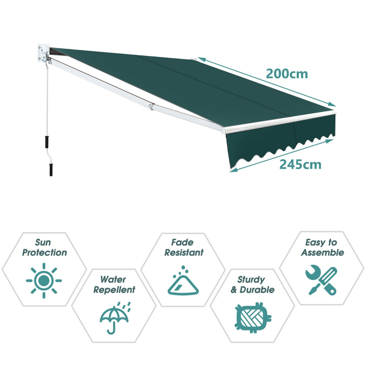 LIVSK Uitschuifbare Luifel 245 x 200 cm - Intrekbaar met Handslinger - Verstelbare Hoek 40°-100° - Duurzaam Aluminium - Groen