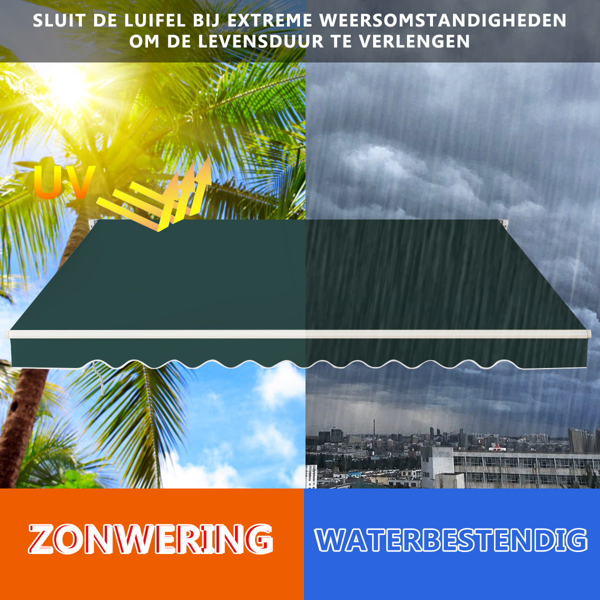 LIVSK Intrekbare Zonneluifel - Waterbestendig Aluminium Frame - Verstelbare Hoek 5-35° - Eenvoudige Installatie - Groen