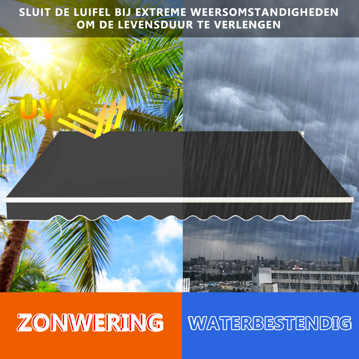 LIVSK Intrekbare Zonneluifel - Robuust Aluminium - Verstelbare Hoek 5°-35° - Eenvoudig te Bedienen - 3,6 x 3 m - Grijs