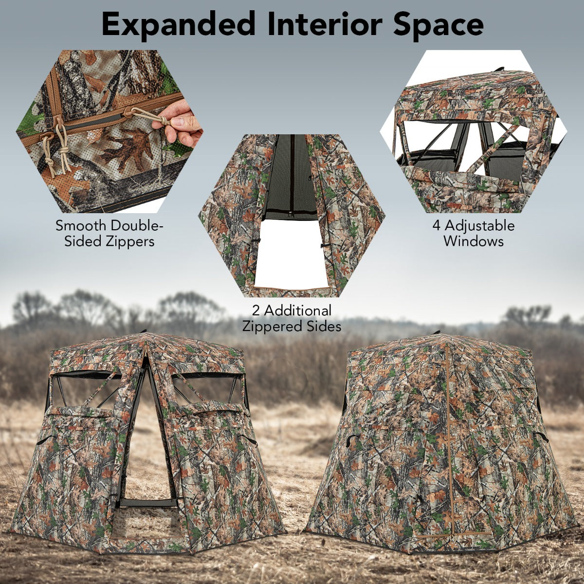 LIVSK Jachtschuilplaats met 360° Zicht - Draagbare Pop-up Structuur - Voor 2-3 Personen - Waterdicht - Camouflage