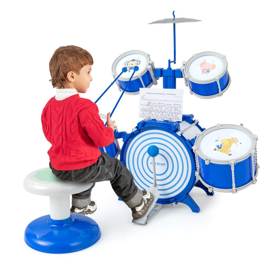 LIVSK Educatief Kinderdrumstel - 5 Trommels en 1 Bekken - Stimuleert Muzikale Ontwikkeling - Inclusief Kruk en Stokken - Blauw