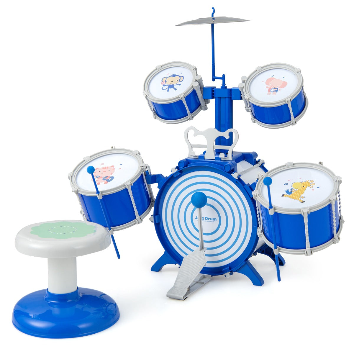 LIVSK Educatief Kinderdrumstel - 5 Trommels en 1 Bekken - Stimuleert Muzikale Ontwikkeling - Inclusief Kruk en Stokken - Blauw