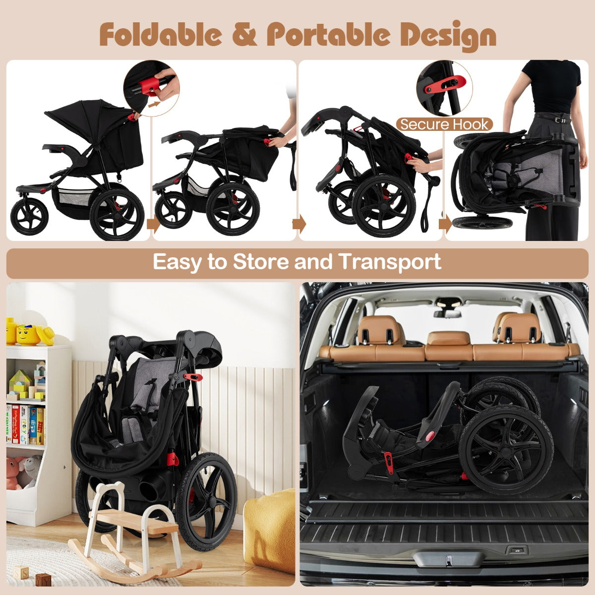 Livsk costway joggingbuggy opvouwbare jogger met verstelbare zonnekap kantelbare zitting afneembaar dienblad 4