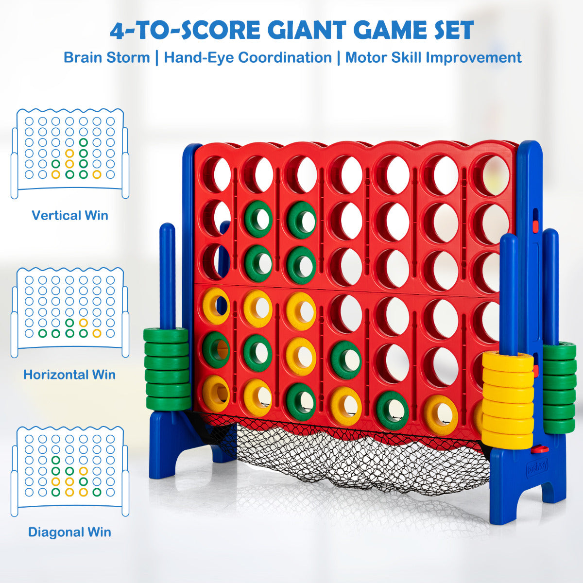 LIVSK Jumbo 4-op-een-rij Spel - Eenvoudig Opzetten - Snelle Reset - Voor Binnen en Buiten - 42 Stukken - 119 x 42 x 104 cm -