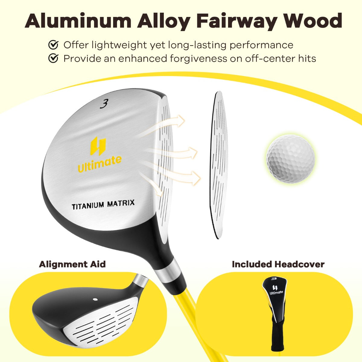 LIVSK Junior Fairway Hout - Aluminiumlegering Clubhoofd - Flexibele Glasvezel Shaft - Inclusief Beschermhoes - Voor Kinderen 8-10