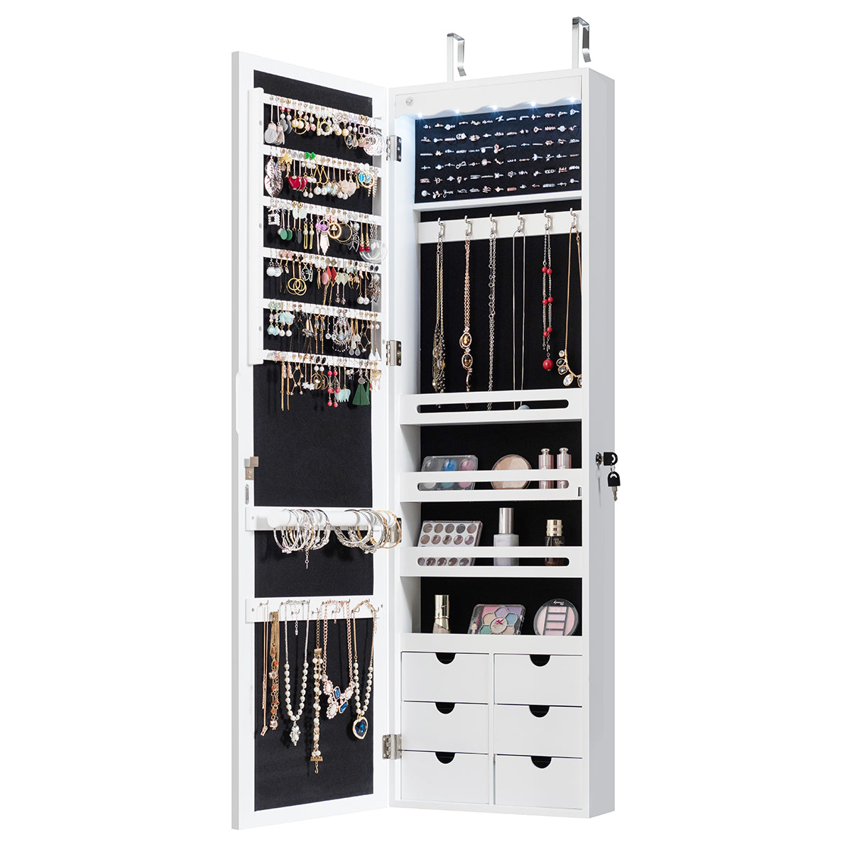 LIVSK Afsluitbare Juwelenkast met Spiegel en LED - Ruimtebesparend - Hoogwaardig MDF - 36,5 x 11,5 x 120 cm - Wit