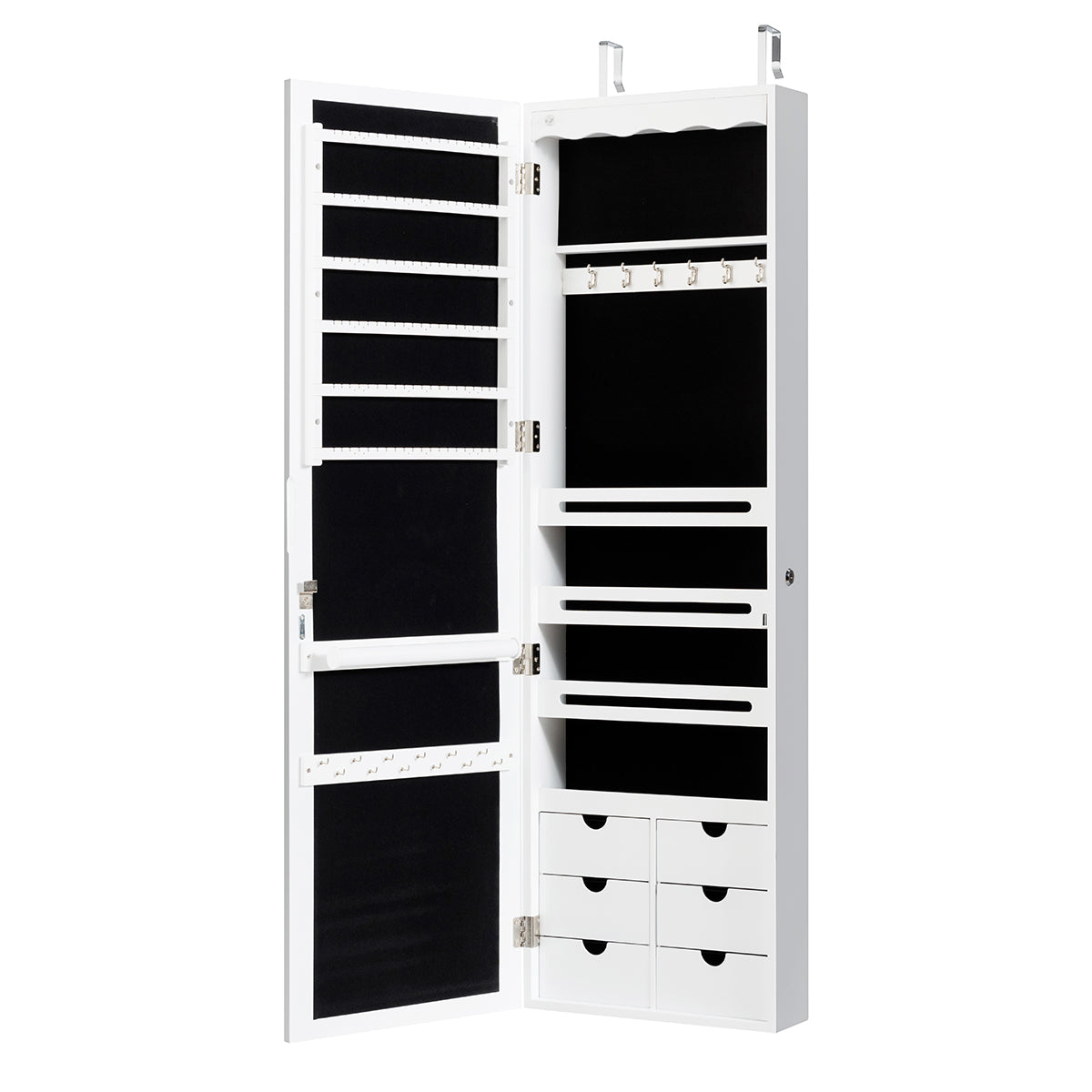 LIVSK Afsluitbare Juwelenkast met Spiegel en LED - Ruimtebesparend - Hoogwaardig MDF - 36,5 x 11,5 x 120 cm - Wit