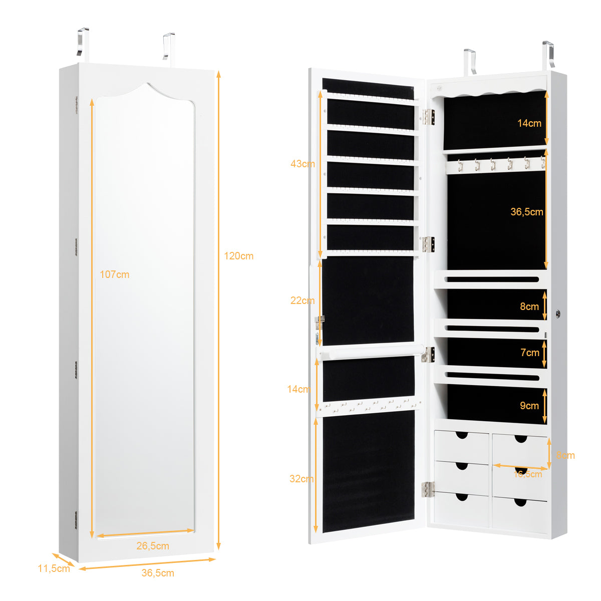 LIVSK Afsluitbare Juwelenkast met Spiegel en LED - Ruimtebesparend - Hoogwaardig MDF - 36,5 x 11,5 x 120 cm - Wit