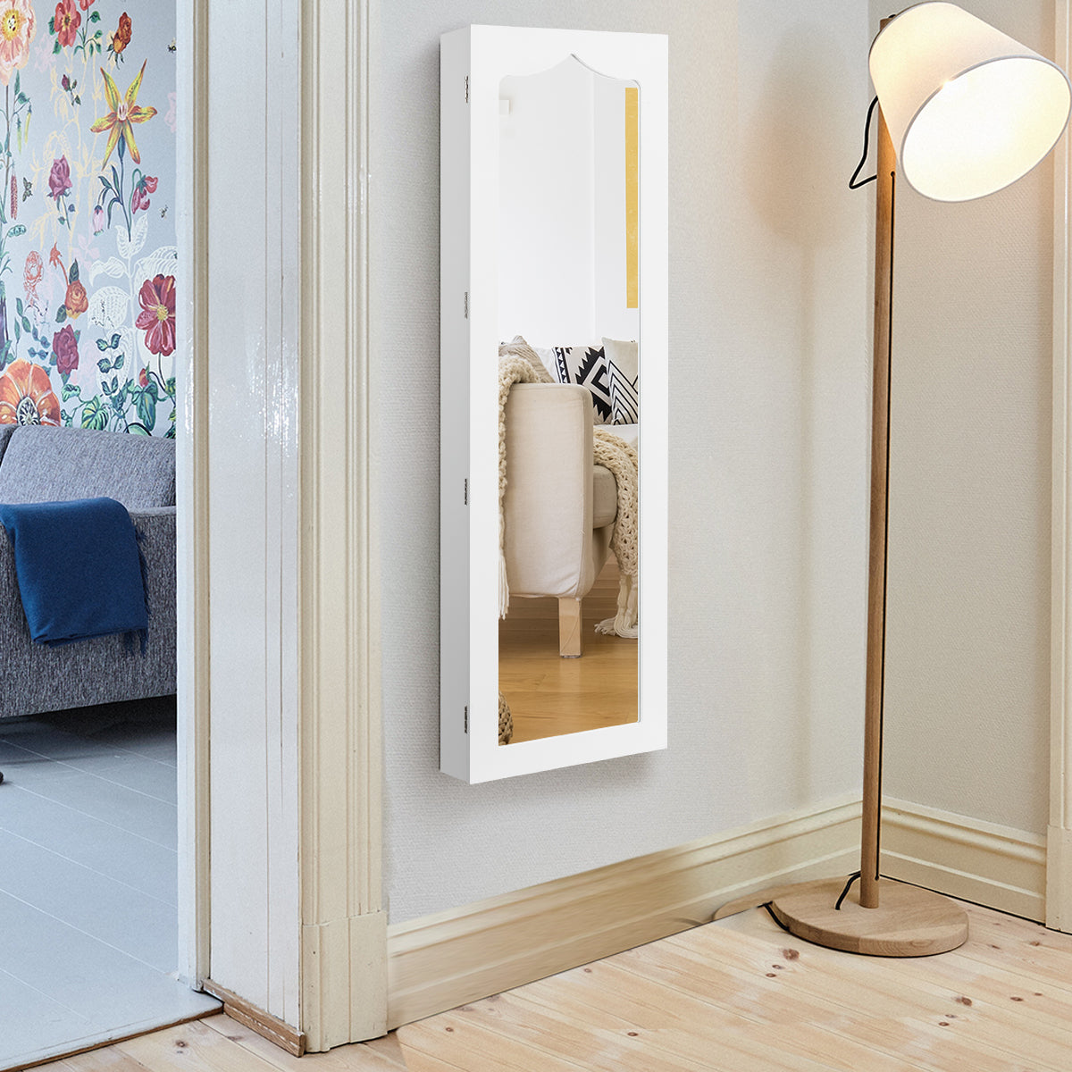 LIVSK Afsluitbare Juwelenkast met Spiegel en LED - Ruimtebesparend - Hoogwaardig MDF - 36,5 x 11,5 x 120 cm - Wit