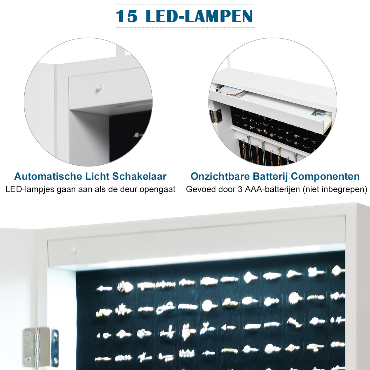 LIVSK Sieradenspiegelkast met LED-verlichting - Afsluitbaar en praktisch ontwerp - Grote opslagcapaciteit - 37 x 9,6 x 120 cm -