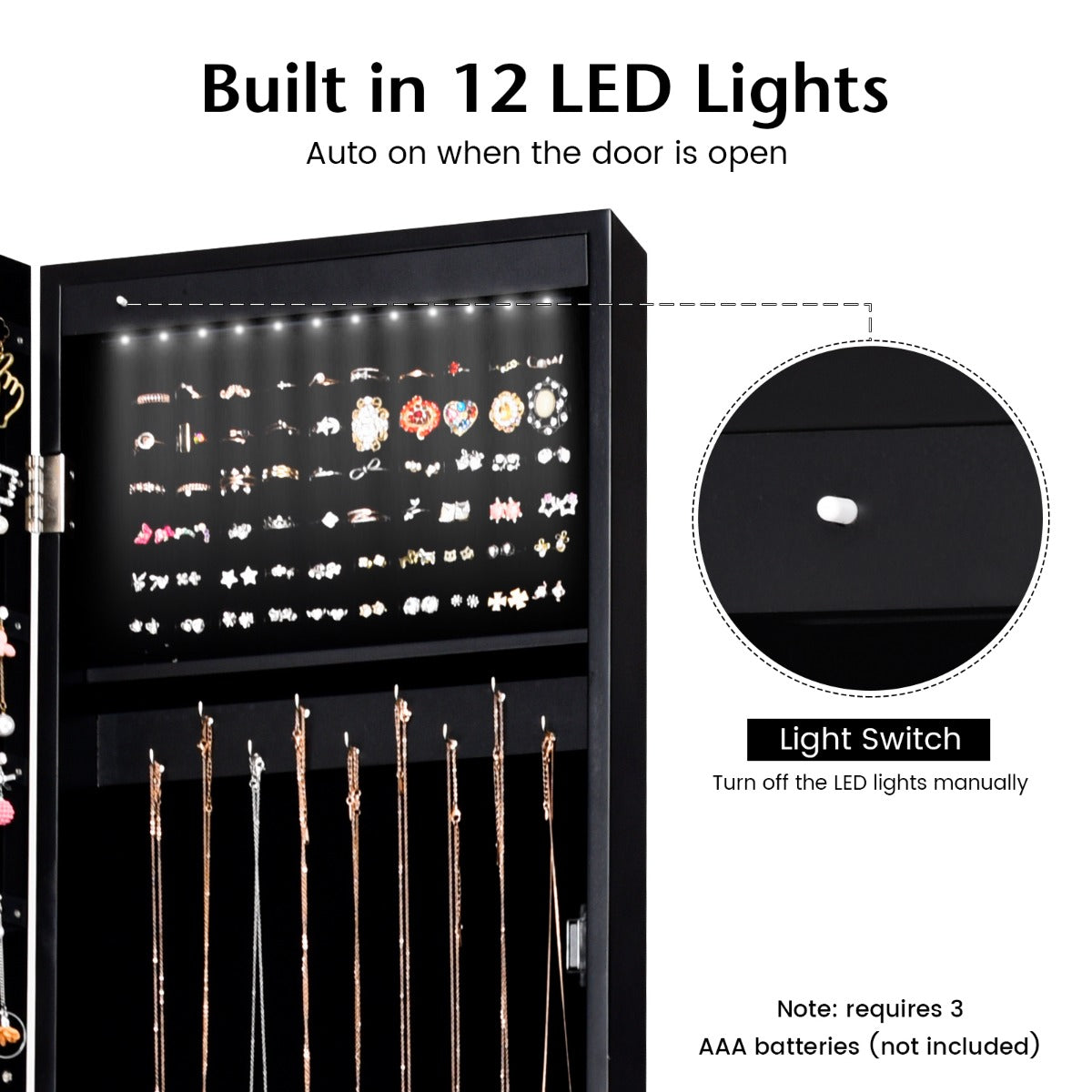 LIVSK Sieradenkast met Spiegel - 12 LED-lampjes - 70 Oorbelgleuven - 65 Oorbelgaatjes - Zwart