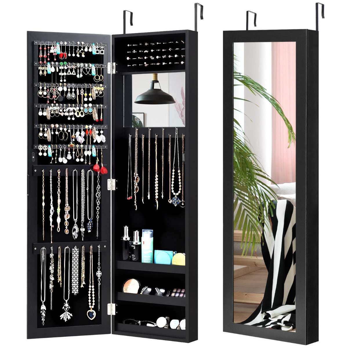 LIVSK Luxe Juwelenkast met Spiegels - 84 Oorbel Sleuven - 3 Opbergplanken - Wand-/Deurmontage - Zwart