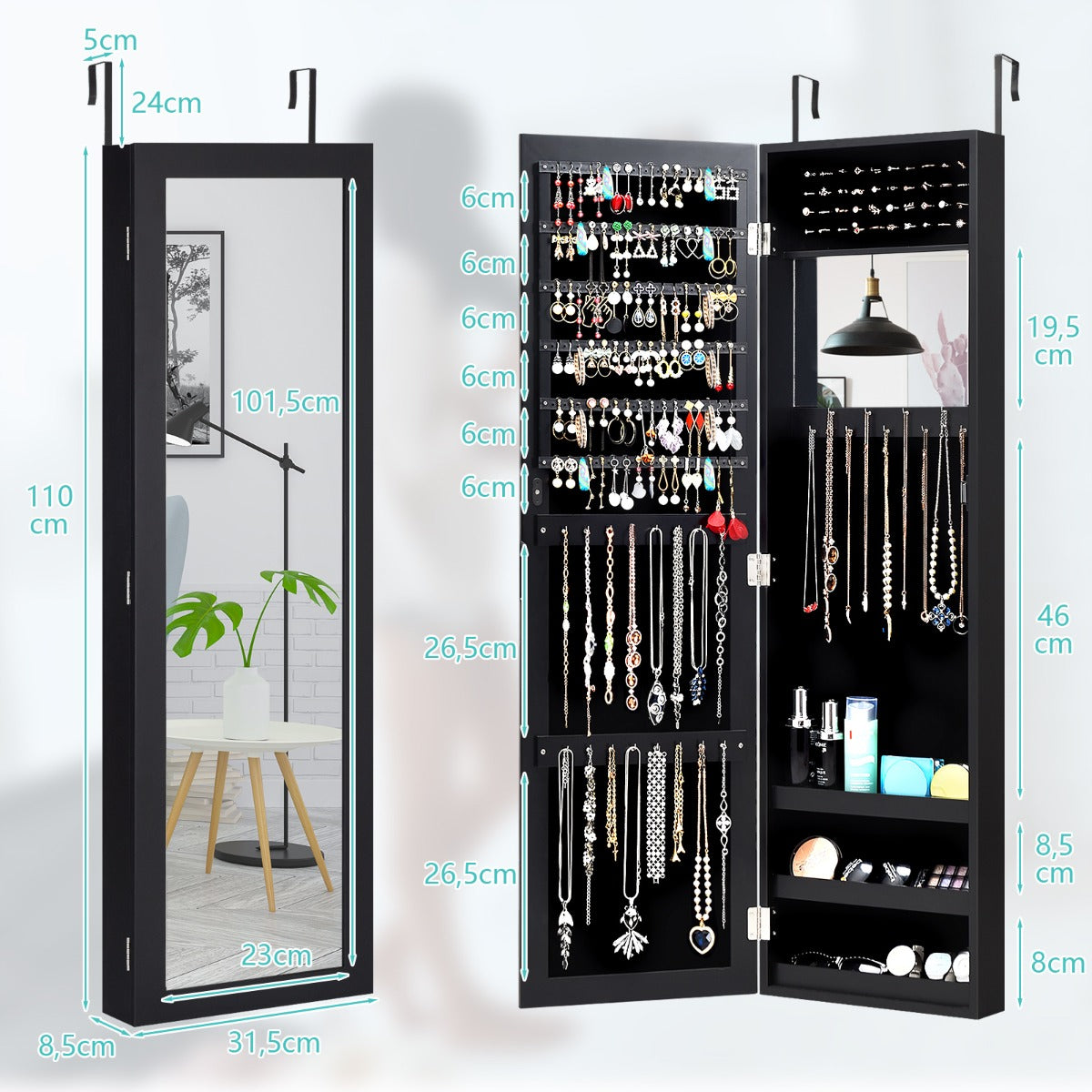 LIVSK Luxe Juwelenkast met Spiegels - 84 Oorbel Sleuven - 3 Opbergplanken - Wand-/Deurmontage - Zwart