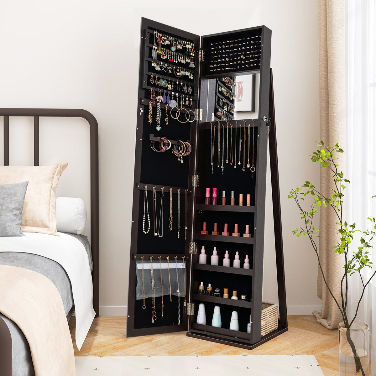 LIVSK Vrijstaande Sieradenkast - Afsluitbaar met Full-Body Spiegel - 100 Oorbellenplaatsen - 45 Oorbellenhaken - 38 x 38 x 157 cm