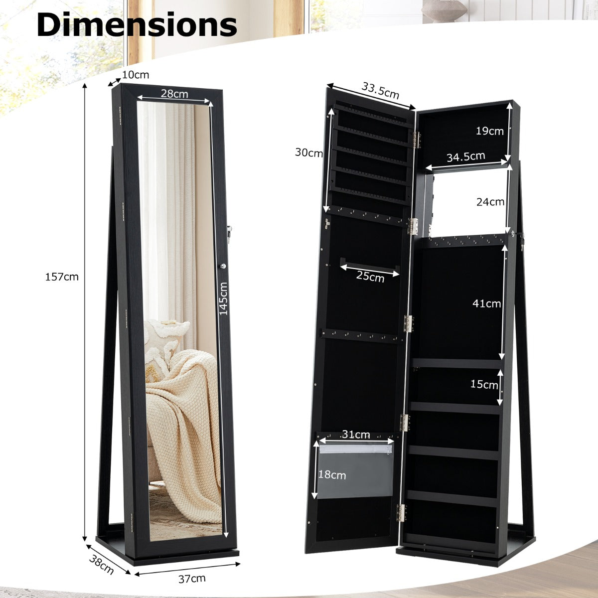 LIVSK Sieradenkast met Spiegel - Afsluitbaar - Ruimte voor 100+ Oorbellen en 91 Ringen - Duurzaam MDF - Donkergrijs