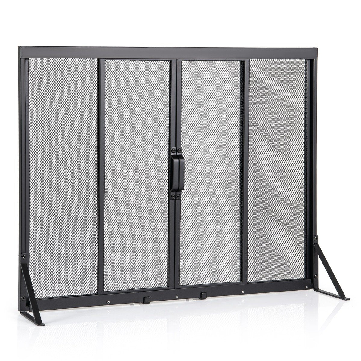LIVSK Haardbescherming met Schuifdeuren - Hittebestendig Metaal - Driehoekig Steunframe - 89 x 72 cm - Zwart - Veilig en Stijlvol