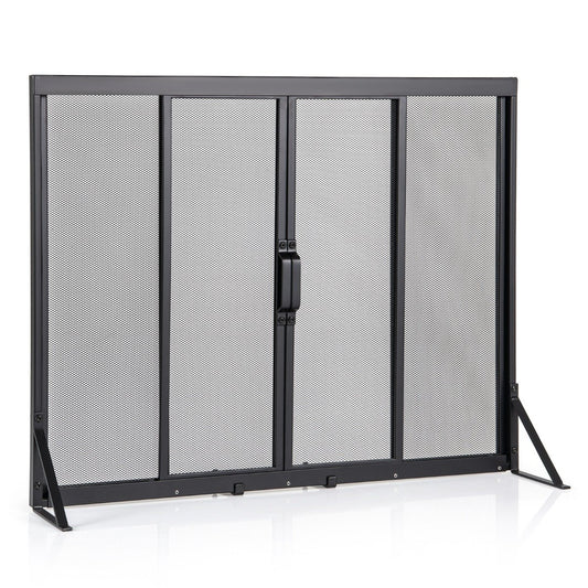LIVSK Haardbescherming met Schuifdeuren - Hittebestendig Metaal - Driehoekig Steunframe - 89 x 72 cm - Zwart - Veilig en Stijlvol