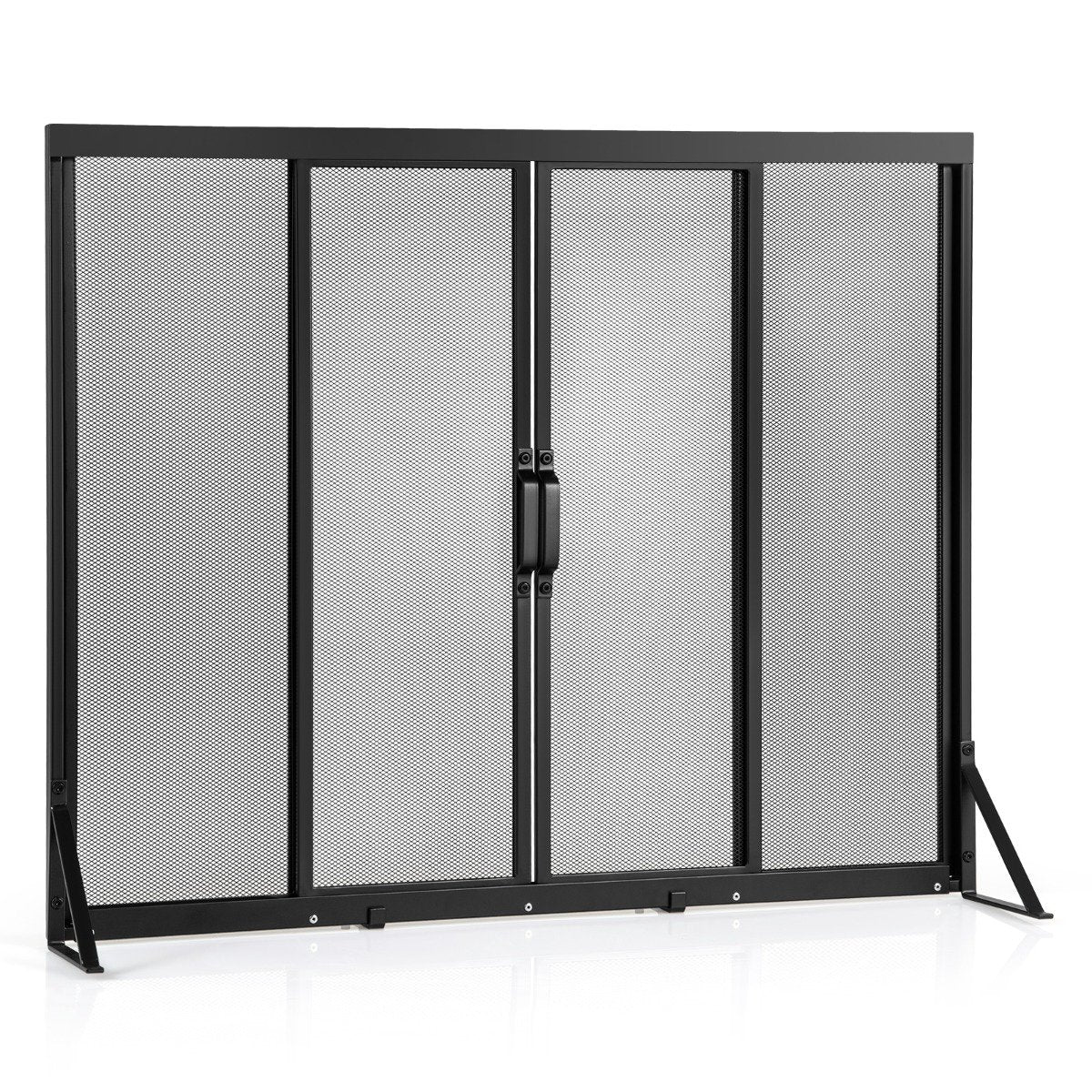 LIVSK Haardbescherming met Schuifdeuren - Hittebestendig Metaal - Driehoekig Steunframe - 96 x 79 cm - Zwart - Veilig en Stijlvol